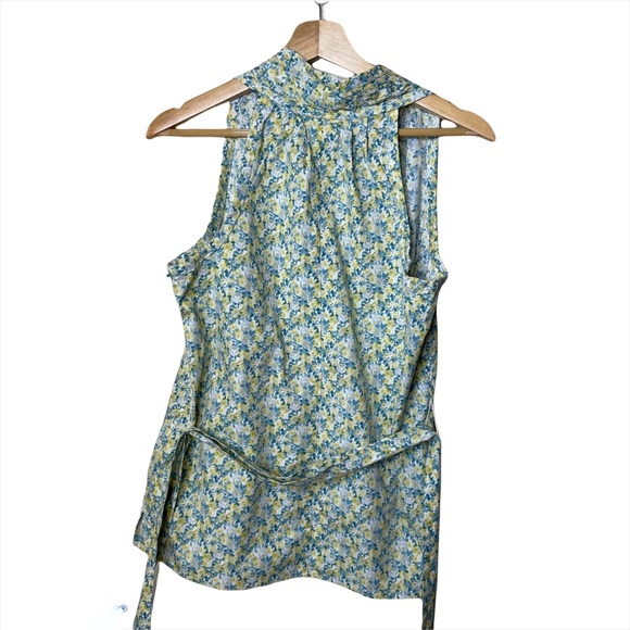 Talbots Stretch Yellow Green Floral Tie Waist Sleeveless Top - Picture 3 of 7